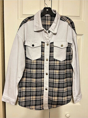 Plaid and White Denim Cotton Shirt Size Small